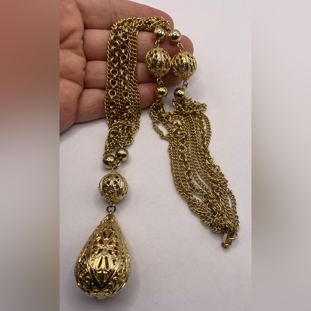 Vintage Gold Tone Festoon Multi Chain Necklace Filigree Sphere Tear Drop Pendant - Picture 3 of 8